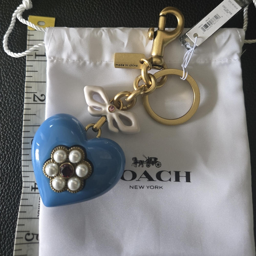 Coach Blue Heart Keychain with Gold and White Details NEW